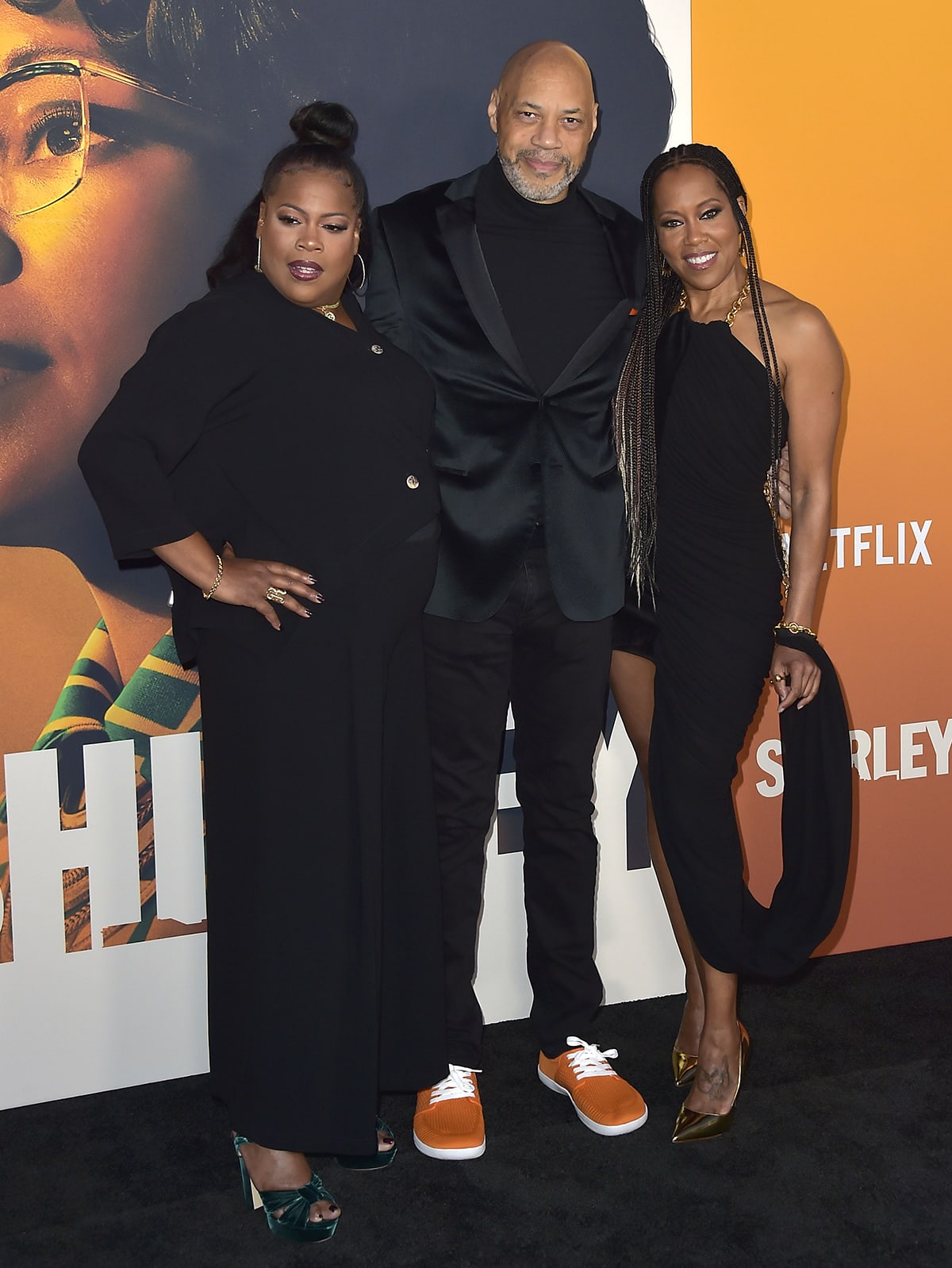 Reina King, director John Ridley, and Regina King pose together at the Los Angeles premiere of Netflix's biographical drama film Shirley