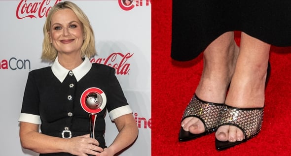 CinemaCon’s Vanguard Awardee Amy Poehler Embraces Retro Chic in Black-and-White Shirt Dress With Saint Laurent Disco PVC Fishet Mules