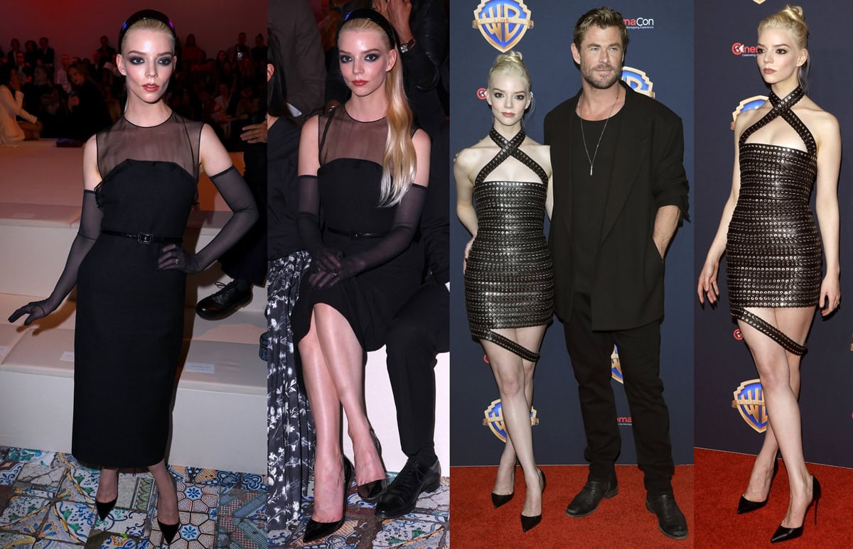 Anya Taylor-Joy captivates with sartorial duality, first in a sophisticated Christian Dior black midi dress with sheer details and opera gloves at the Dior Pre-Fall show, then exuding edgy allure in a studded Ludovic de Saint Sernin mini dress alongside a dapper Chris Hemsworth at CinemaCon 2024
