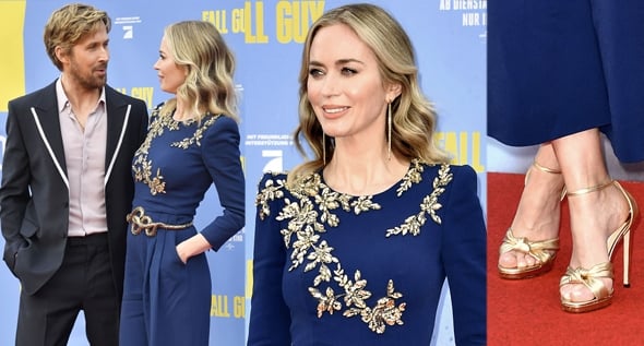 Emily Blunt Looks Regal in Blue Jenny Packham Jumpsuit With Gold Vine Appliques and Jimmy Choo Heels at The Fall Guy Berlin Premiere