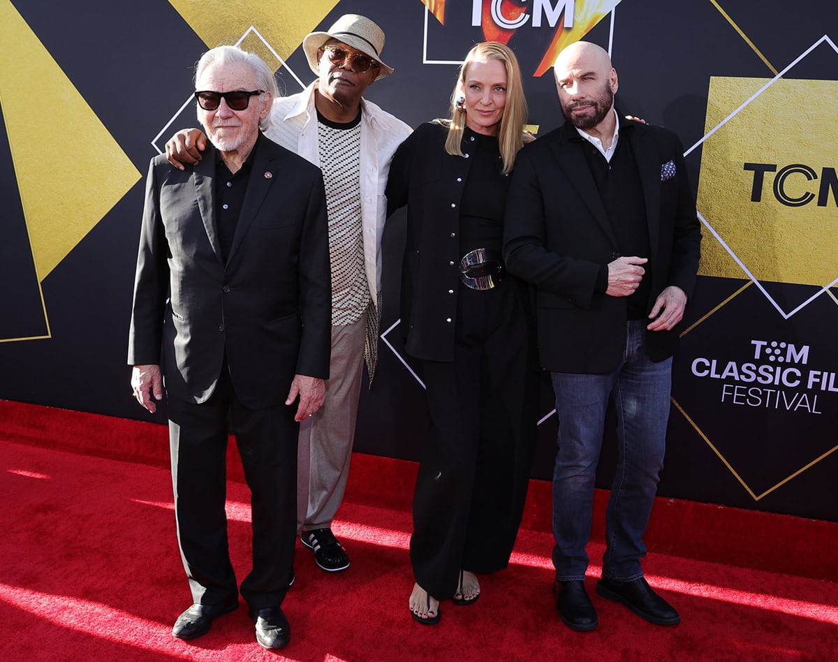 Pulp Fiction cast Harvey Keitel, Samuel L. Jackson, Uma Thurman, and John Travolta reunite at the 2024 TCM Classic Film Festival opening night and 30th Anniversary Presentation of Pulp Fiction at the TCL Chinese Theatre on April 18, 2024