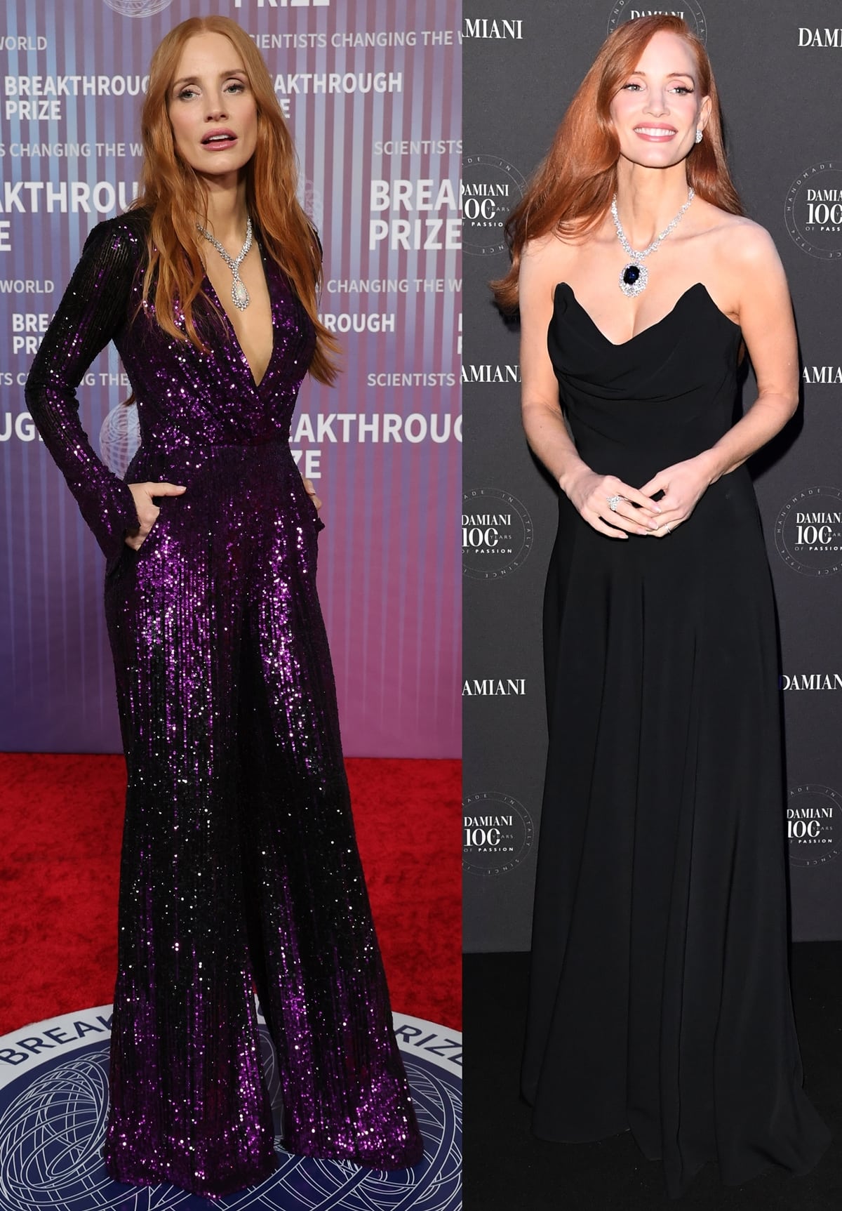 Jessica Chastain captivates in contrasting styles, first sparkling in a purple sequined Elie Saab jumpsuit at the Breakthrough Prize Ceremony, then embodying timeless elegance in a classic black strapless gown at Damiani's centennial celebration