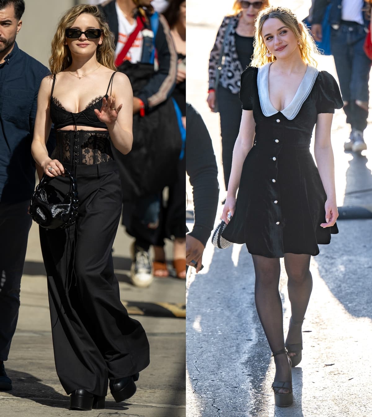 Joey King exudes sophistication in two stunning looks: a daring Monse black lace corset with trousers and Naked Wolfe platforms for her arrival and an enchanting Miu Miu velvet mini dress paired with Armani shoes for her interview on 'Jimmy Kimmel Live!' on April 11, 2024,, in Los Angeles