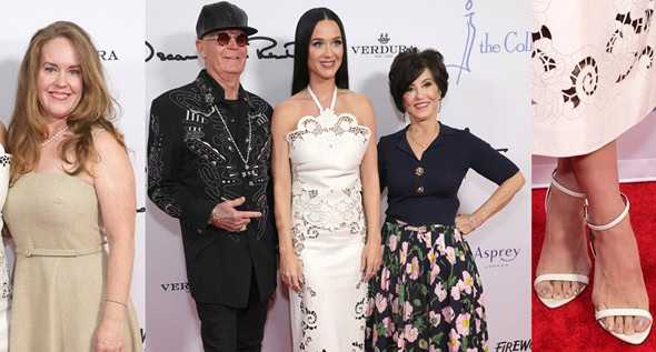 Katy Perry Receives Colleagues Champion of Children Award in White Floral Oscar de la Renta Lace Cut-out Dress at 35th Annual Colleagues Spring Luncheon
