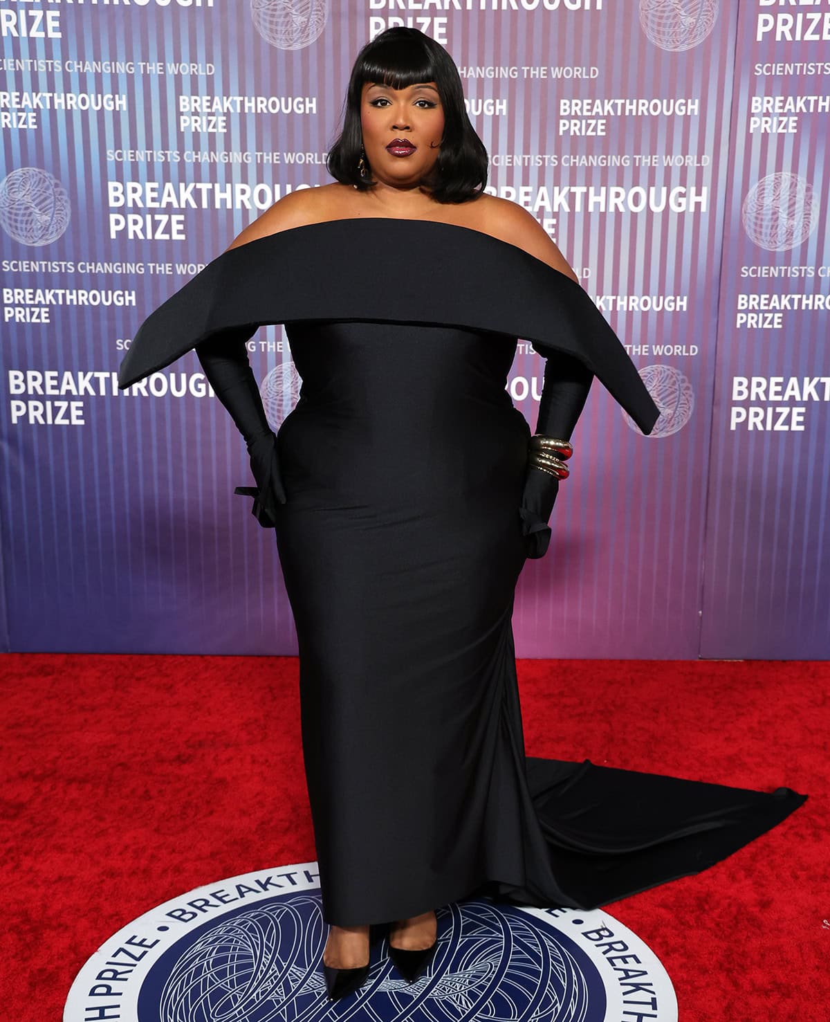 Lizzo stuns in a dramatic black gown by Quine Li at the 10th Annual Breakthrough Prize Ceremony at the Academy Museum of Motion Pictures in Los Angeles on April 13, 2024