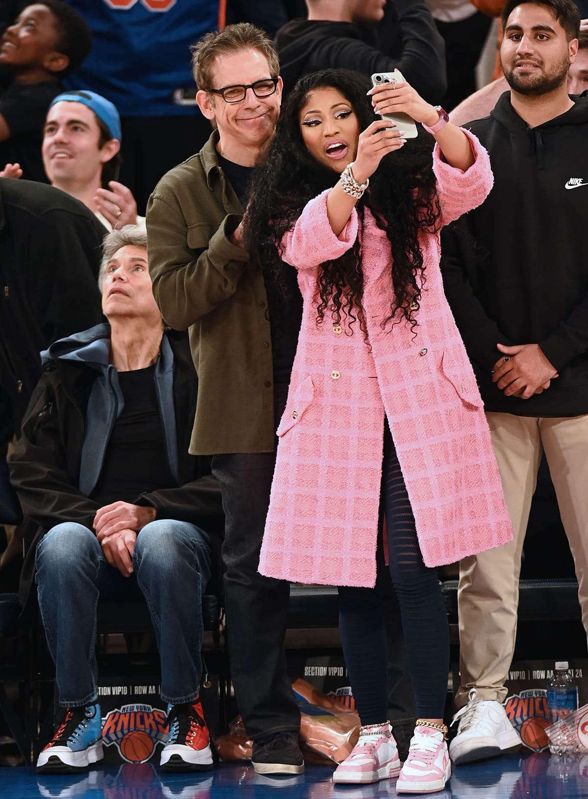 Nicki Minaj takes a selfie with Ben Stiller at the New York Knicks vs. Oklahoma City Thunder game at the Madison Square Garden on March 31, 2024