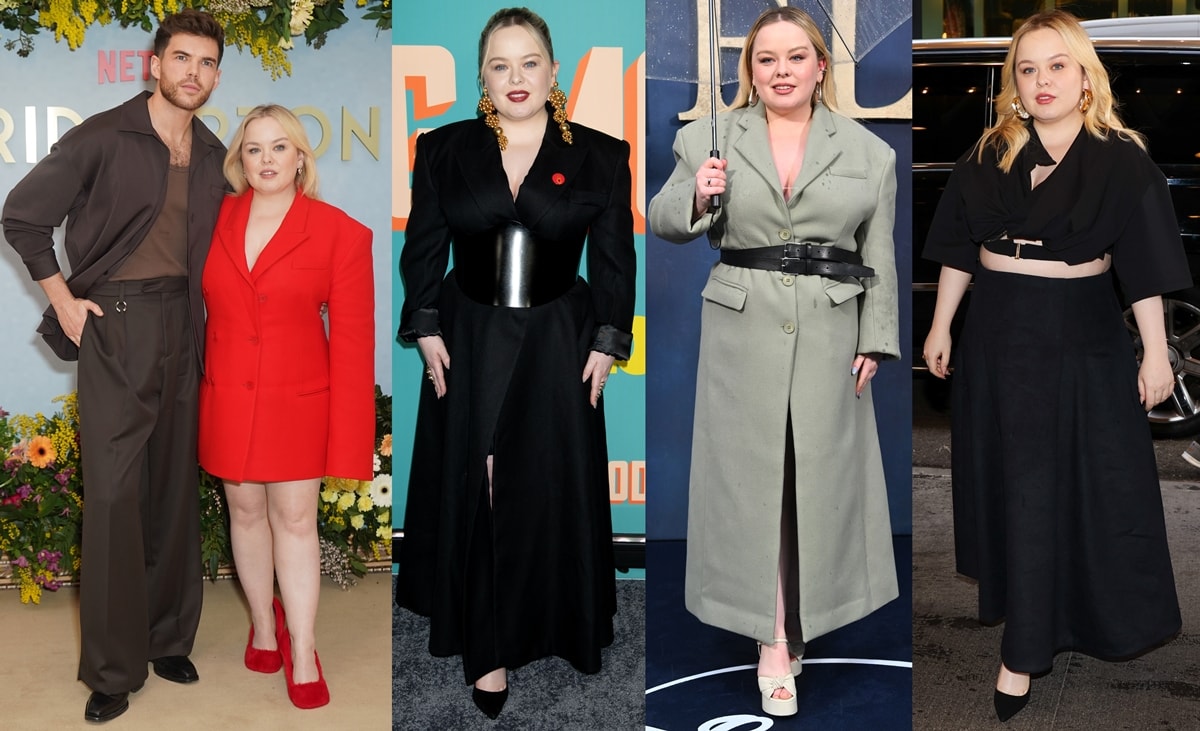 Nicola Coughlan showcases her versatile fashion sense in four distinct looks: a striking red blazer dress, an elegant black dress with a corset belt, a chic green overcoat ensemble, and a bold black crop top with a maxi skirt