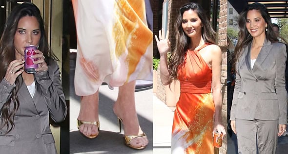 Olivia Munn Stuns in Summery Orange Maxi Dress and Golden Heels