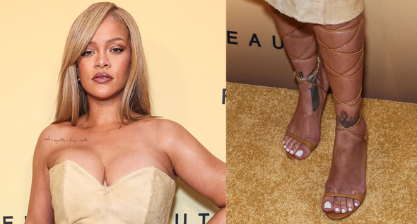 Rihanna Launches New Fenty Beauty Product in Yellow Alexander McQueen Corset Dress and Lace-Up Gladiator Heels
