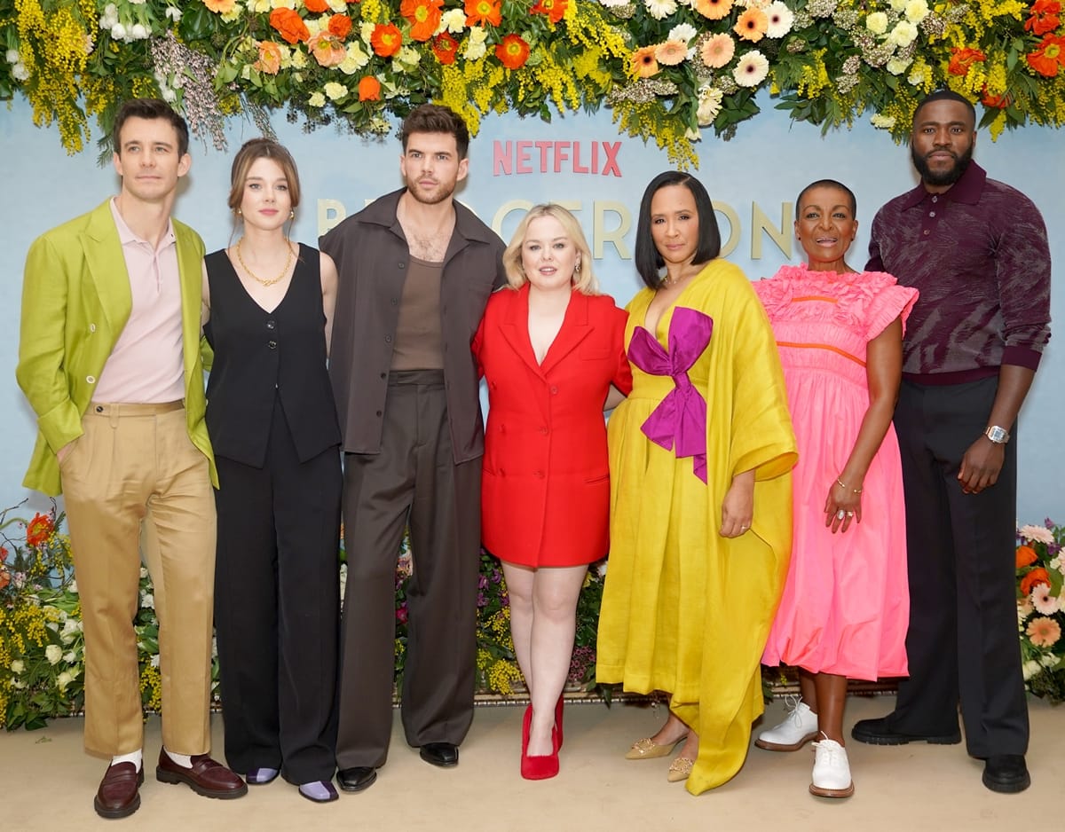 Luke Thompson, Claudia Jessie, Luke Newton, Nicola Coughlan, Shonda Rhimes, Jess Brownell, Julia Quinn, Golda Rosheuvel, Adjoa Andoh, and Martins Imhangbe attend the Season 3 screening of "Bridgerton"