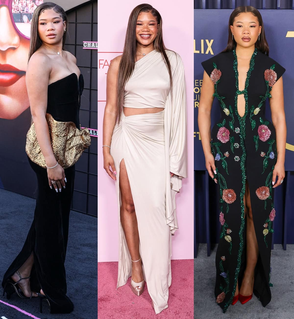 Storm Reid showcases a trilogy of styles: a classic black velvet dress with a standout gold bow at the 'Challengers' premiere, a chic asymmetrical tan gown at the Fashion Trust US Awards, and a boldly embroidered black ensemble at the SAG Awards, each look perfectly capturing the essence of contemporary glamour