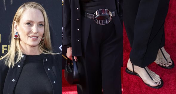 Uma Thurman Celebrates Pulp Fiction’s 30th Anniversary in ‘90s Thong Sandals and Rabanne Buckled Belt