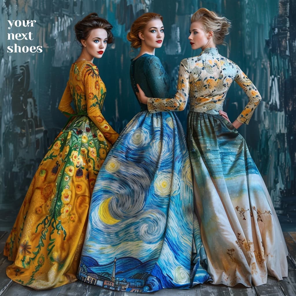 Three models stand side by side in elegant gowns featuring vivid prints inspired by Van Gogh's iconic paintings, with a backdrop that complements the artistic theme of their dresses