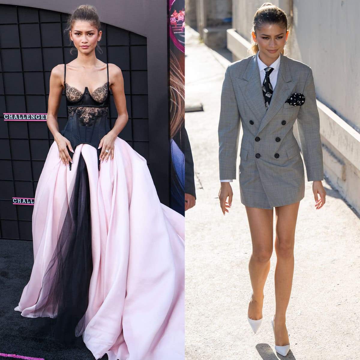 Zendaya makes a glamorous swerve from tennis whites as she promotes her upcoming sports drama Challengers in Los Angeles this week