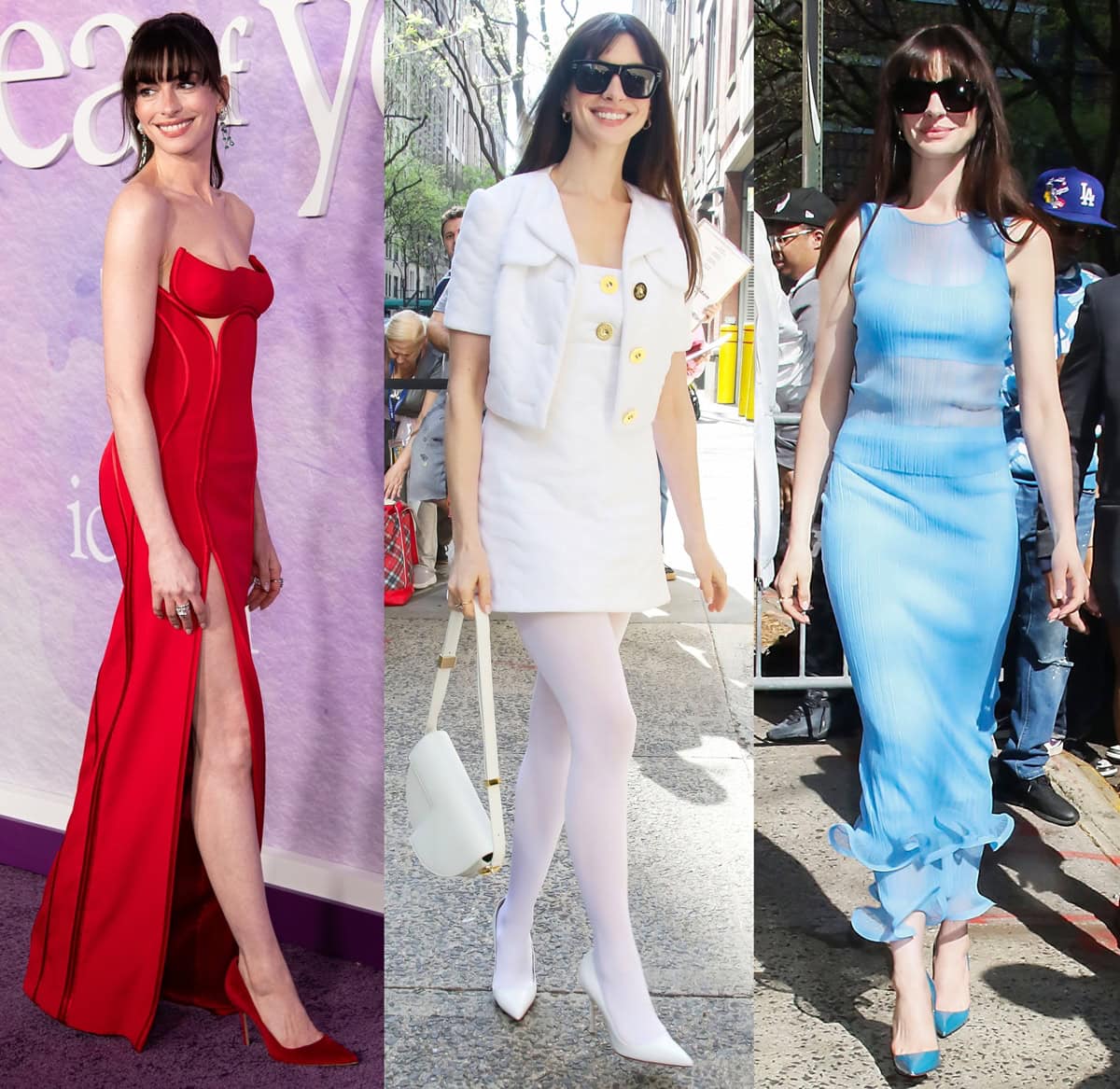 Anne Hathaway masters monochromatic styling with three distinctive looks: a vibrant red gown for a premiere event, a crisp all-white ensemble for a morning TV show, and a serene blue dress for a casual daytime appearance
