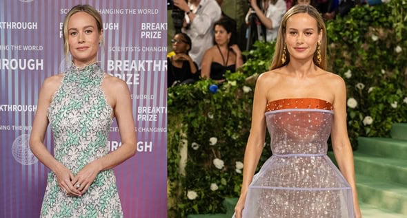 Couture Time Travel: Brie Larson Radiates in Orange Satin Prada Hourglass Dress at 2024 Met Gala