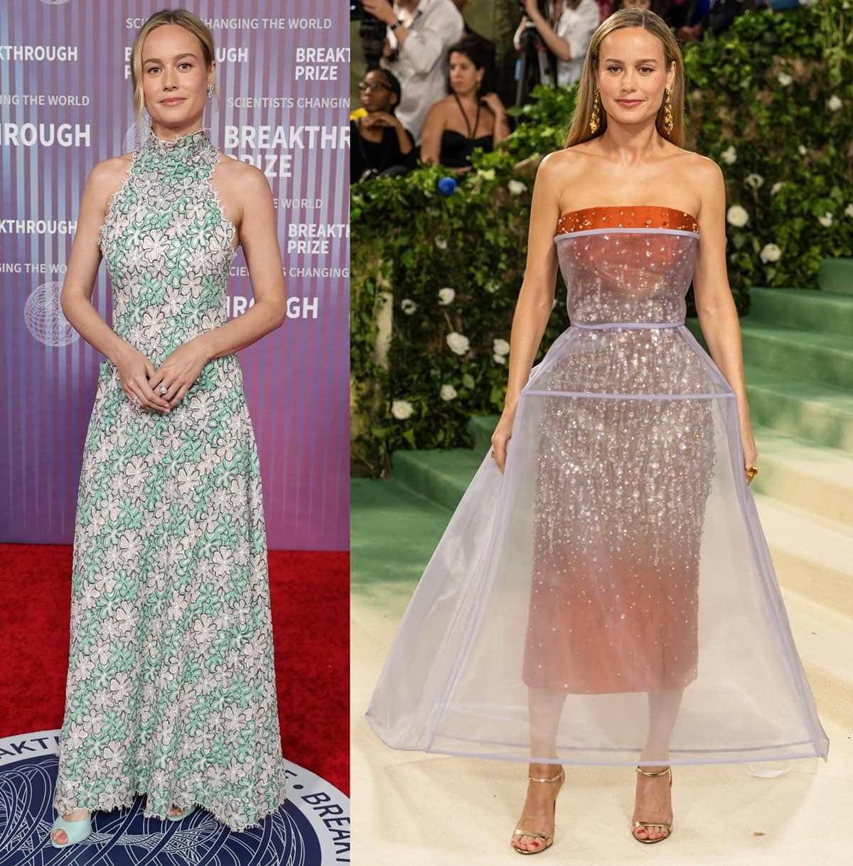 Brie Larson showcases her versatile fashion sense, transitioning from a spring-inspired pastel floral Chanel gown at the Breakthrough Prize Ceremony to a captivating Prada ensemble with a sparkling gradient at the Met Gala