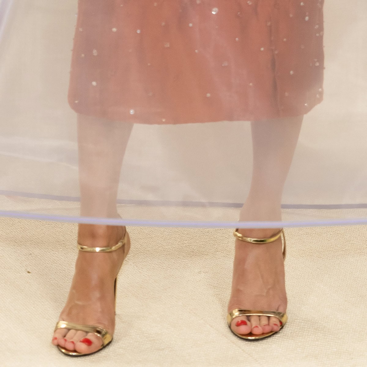 Brie Larson's choice of chic metallic gold sandals adds a touch of glamour to her ensemble, perfectly matching her polished red pedicure