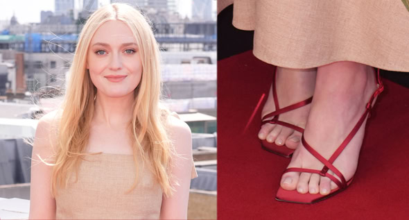 Dakota Fanning Exudes Elegance in Oscar de la Renta Canvas Dress and Strappy Red Jimmy Choo Heels at The Watchers London Press Tour