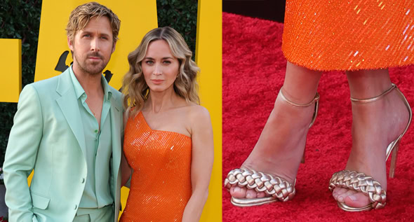 Emily Blunt and Ryan Gosling Wow in Orange Crystal-Beaded Armani Gown and Mint-Green Gucci Suit at The Fall Guy LA Premiere