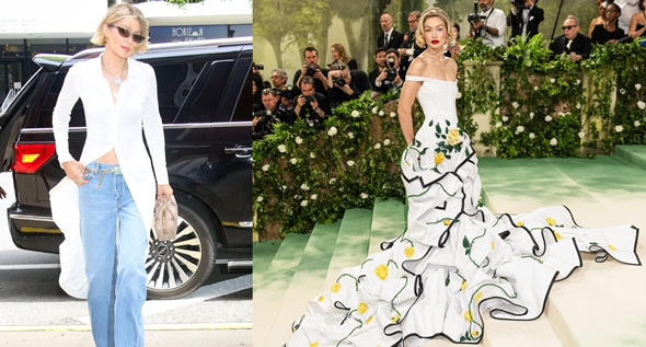 From Sidewalk to Spotlight: Gigi Hadid Radiates in Cream Shirt Dress After Exuding Dramatic Glamour in Billowing Thom Browne Gown at 2024 Met Gala