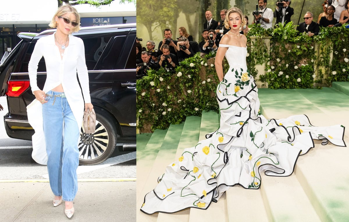 From garden grandeur to casual chic: Gigi Hadid effortlessly transitions from her stunning floral Met Gala gown to a relaxed street-style ensemble, showcasing her versatile fashion sense