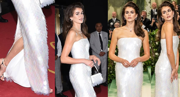 A Vision in White: Kaia Gerber Exudes Timeless Beauty in Shimmering Prada Strapless Gown at 2024 Met Gala