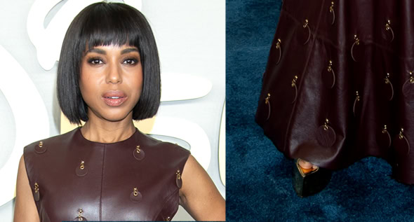 Kerry Washington Looks Taller in Burgundy Leather Brandon Maxwell Drop-Waist Dress and Alexandre Vauthier Gold Heels at 2024 Disney Upfront Event