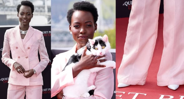Lupita Nyong’o Poses with Furry Cat Co-Star in a Pink Akris Suit at the London Photocall for A Quiet Place: Day One