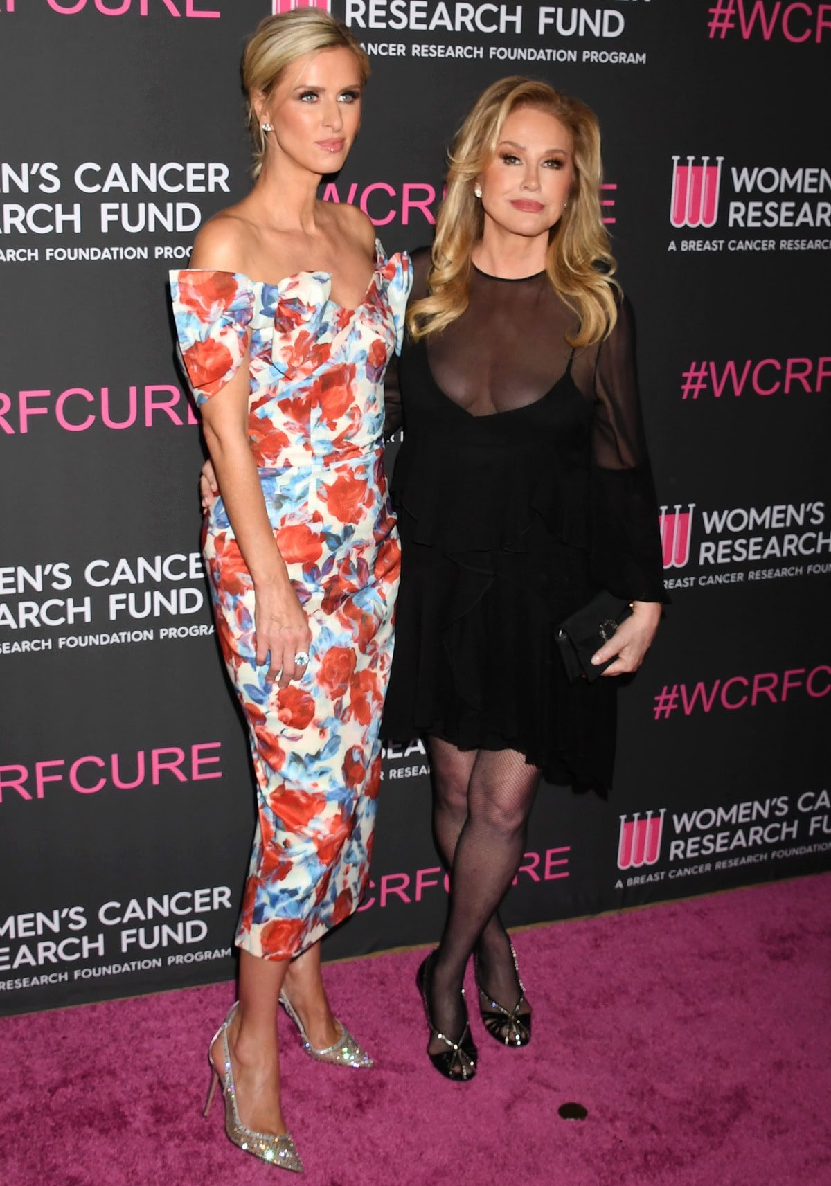 Nicky Hilton sparkles in a floral Rebecca Vallance dress and crystal-embellished Aquazzura heels while posing with mom Kathy Hilton at the 2025 Unforgettable Evening Gala benefiting the Women’s Cancer Research Fund