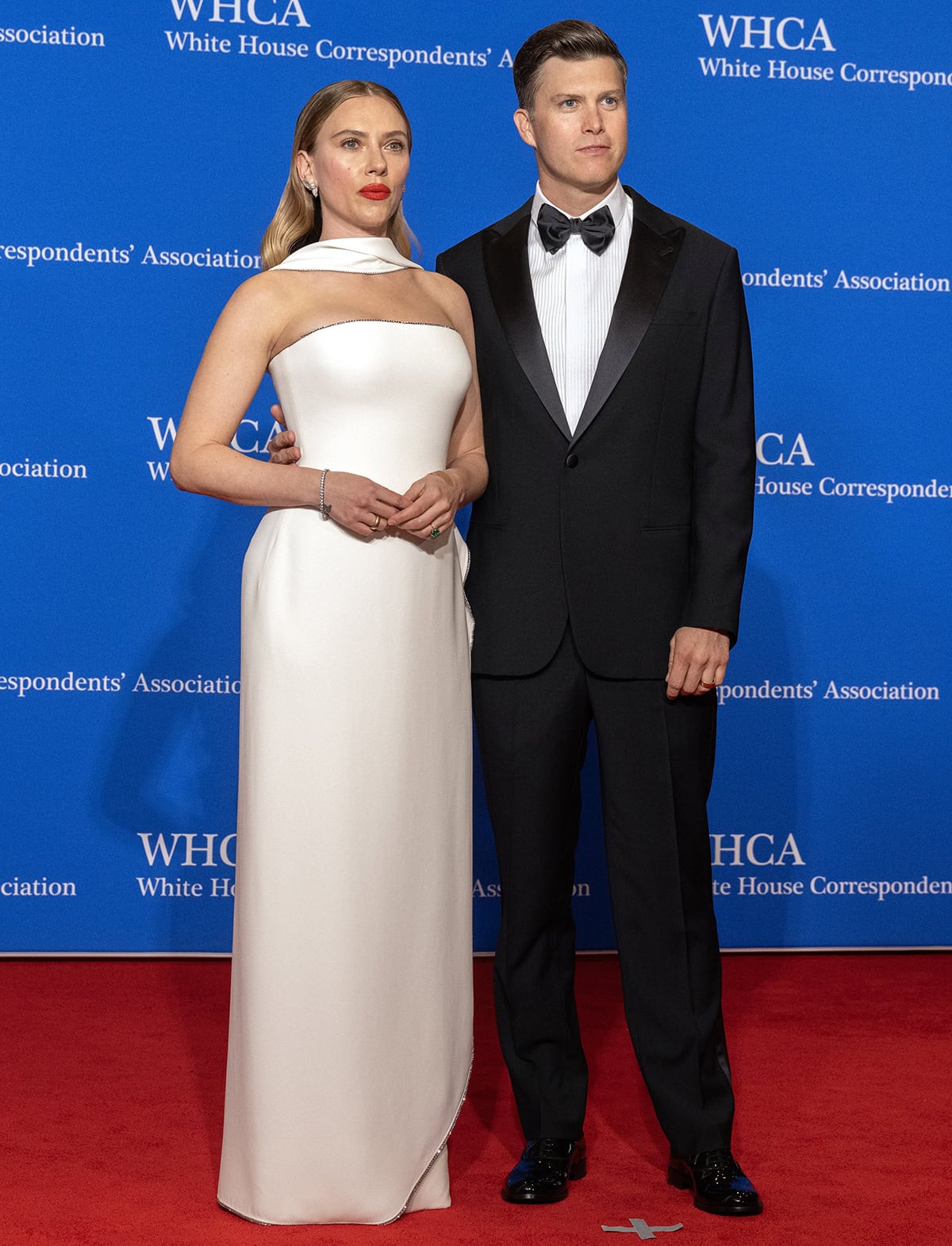 Scarlett Johansson and husband Colin Jost match in black-and-white Armani outfit at the 2024 White House Correspondents Association Dinner at the Washington Hilton Hotel on April 27, 2024