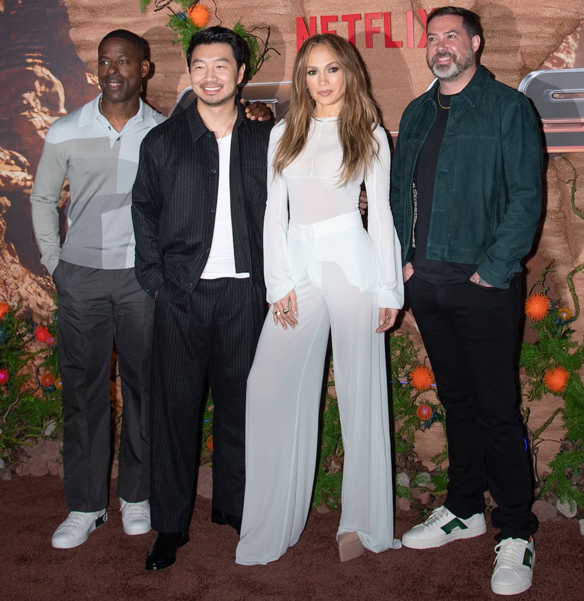 A star-studded lineup: Jennifer Lopez with Sterling K. Brown, Simu Liu, and Brad Peyton at the New York City photocall for ATLAS