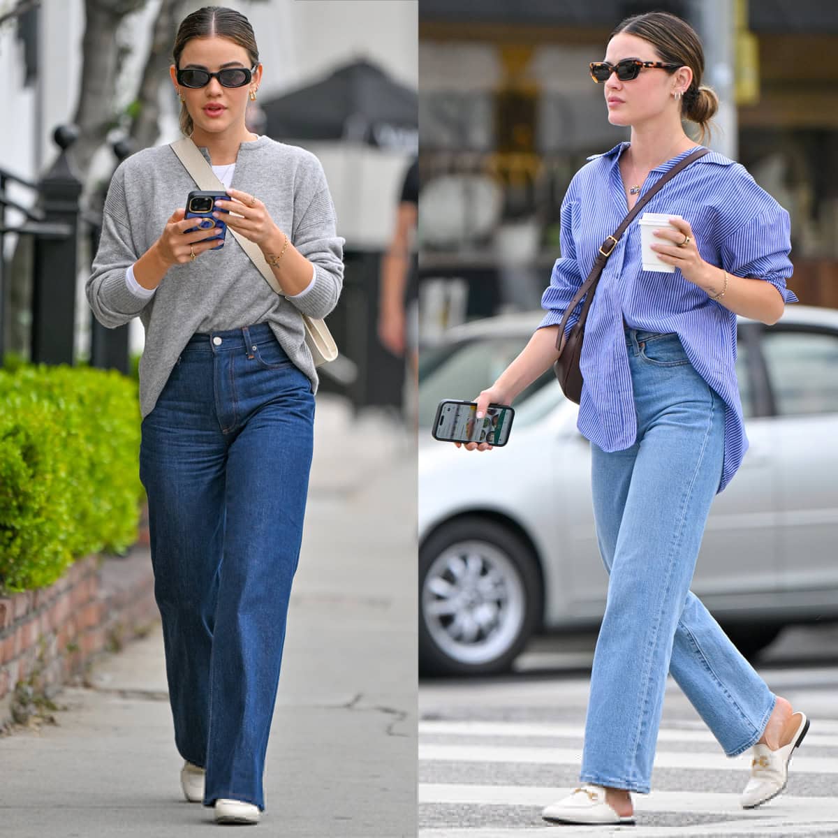 Lucy Hale shows how to wear white mules with casual denim jeans for the warm weather