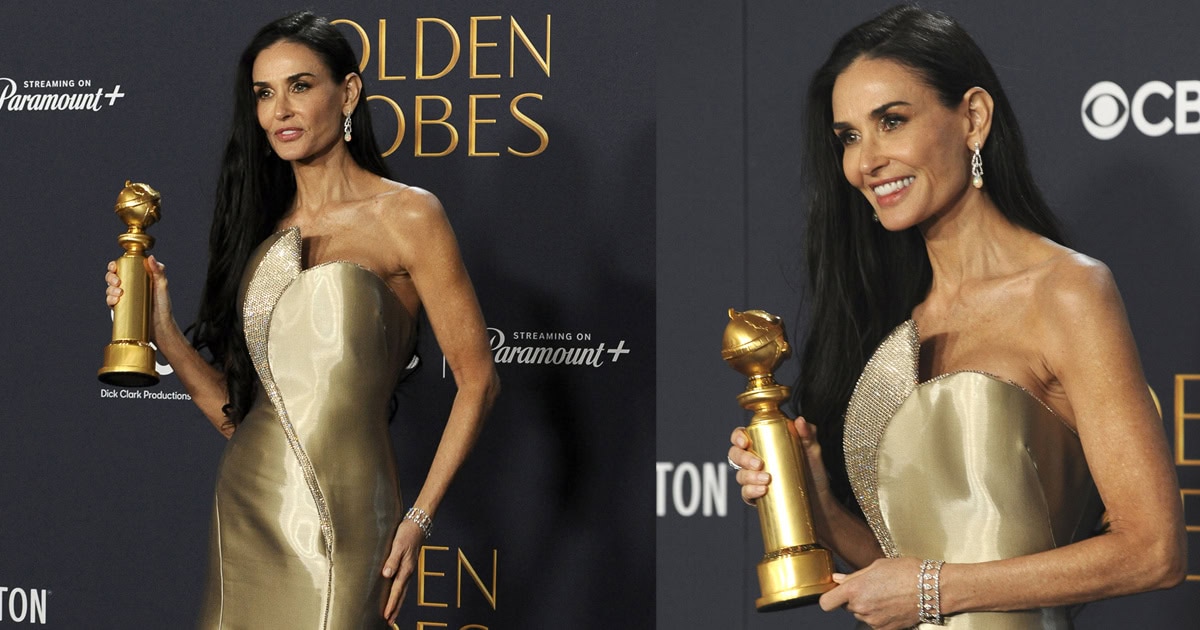 Demi Moore's Golden Globes Triumph: Armani Gown & Louboutin Heels Stun the  Red Carpet
