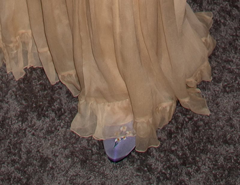 Elle Fanning pairs her pastel Valentino gown with lavender Valentino pumps featuring floral embroidered almond toes