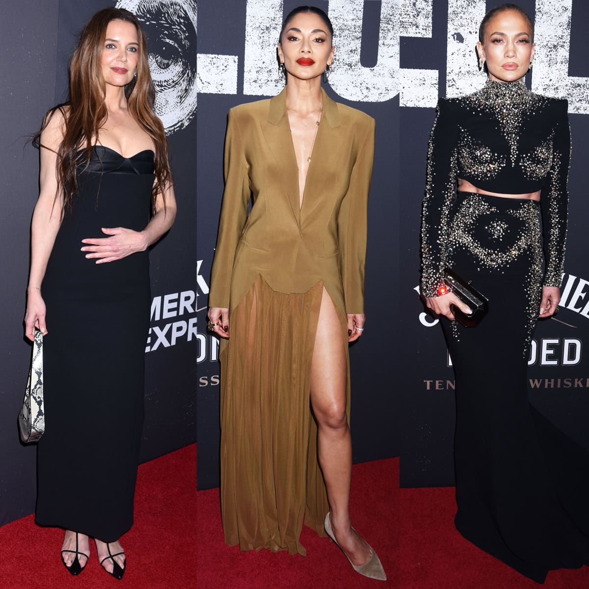 Katie Holmes, Nicole Scherzinger, and Jennifer Lopez in sleek outfits at the opening night of Othello on Broadway at the Barrymore Theatre