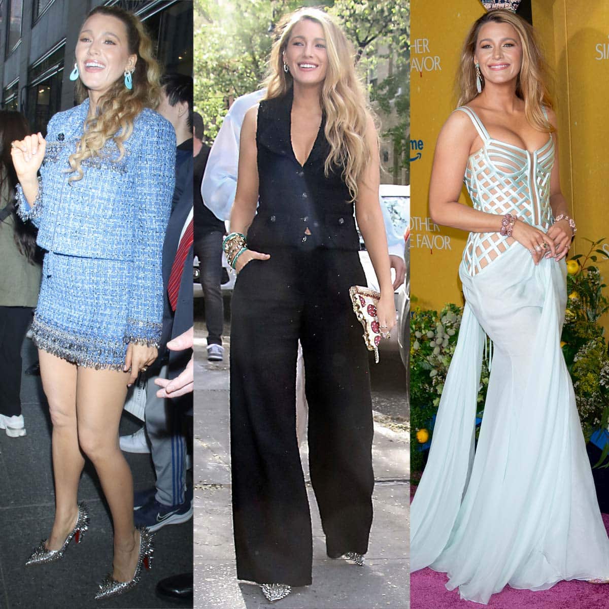 Blake Lively showcases her style prowess while promoting Another Simple Favor in New York City: a blue tweed skirt suit with Christian Louboutin Estepic spike pumps, a tweed vest suit, and a mint-green Tamara Ralph gown