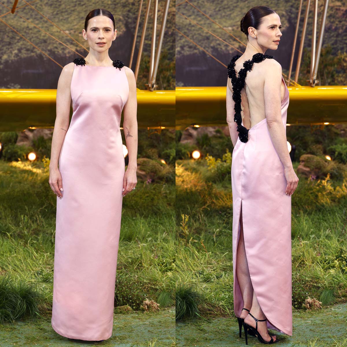 Hayley Atwell looks pretty and feminine in a pink Prada dress with a black beaded Y-shaped strap at the back at the London premiere of Mission: Impossible – The Final Reckoning