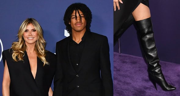 Heidi Klum Stuns at 2025 AMAs in Black Stephane Rolland Dress and Thigh-High Boots With Son Henry