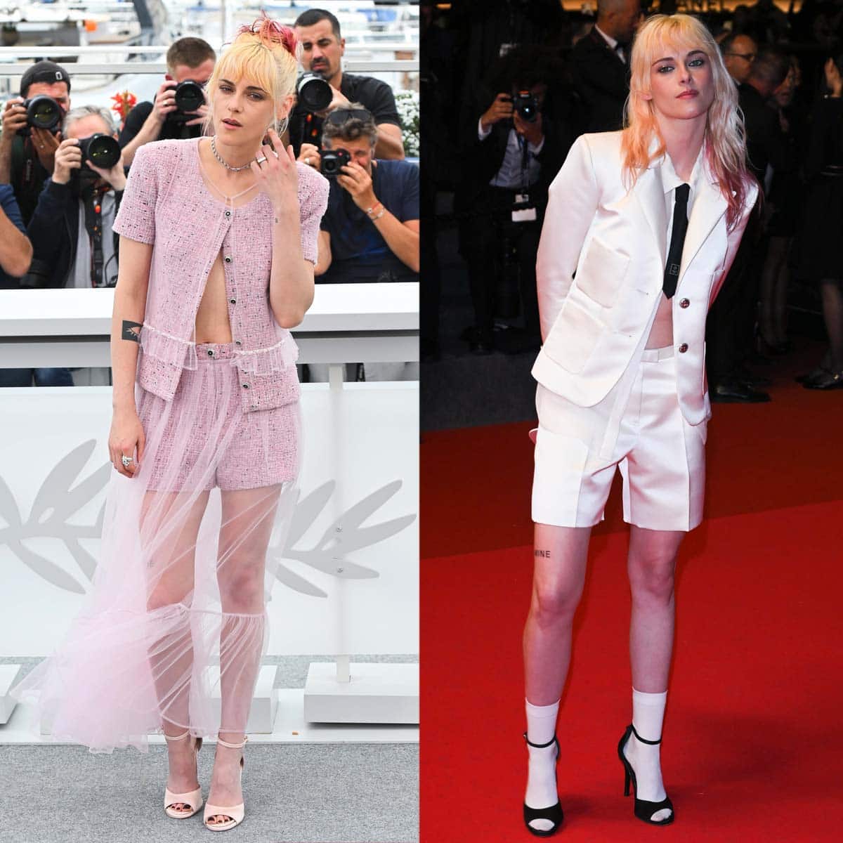 Kristen Stewart wears Chanel in two striking looks at the Cannes Film Festival—sporting soft pink tweed and sheer layers for The Chronology of Water photocall, and a sharp white short suit with heels and socks for the Bono: Stories of Surrender premiere