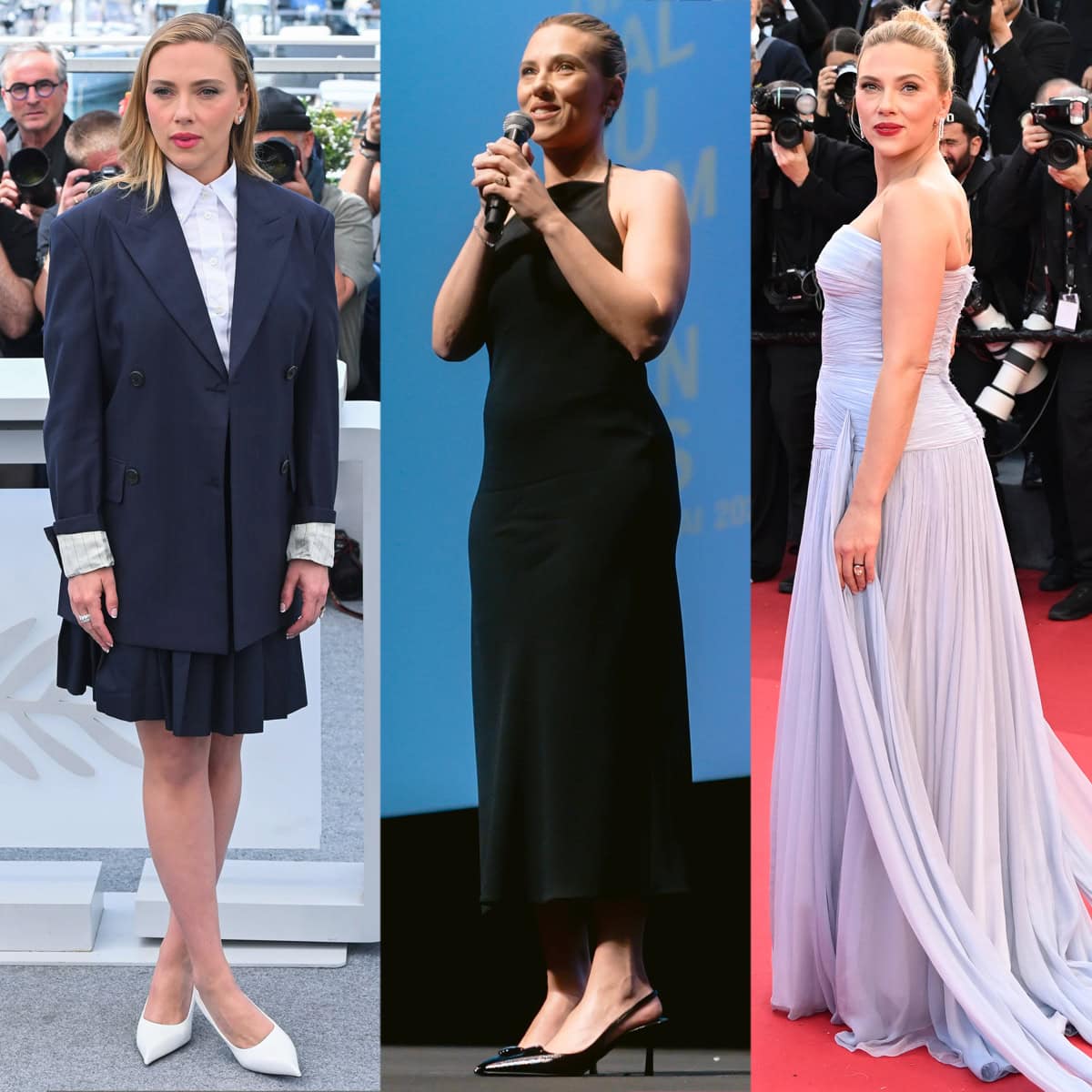Scarlett Johansson showcases her evolving directorial-era style in three distinct Prada looks—white pointed-toe pumps, sleek black slingbacks, and metallic platform heels—at the 78th Cannes Film Festival for her film Eleanor The Great