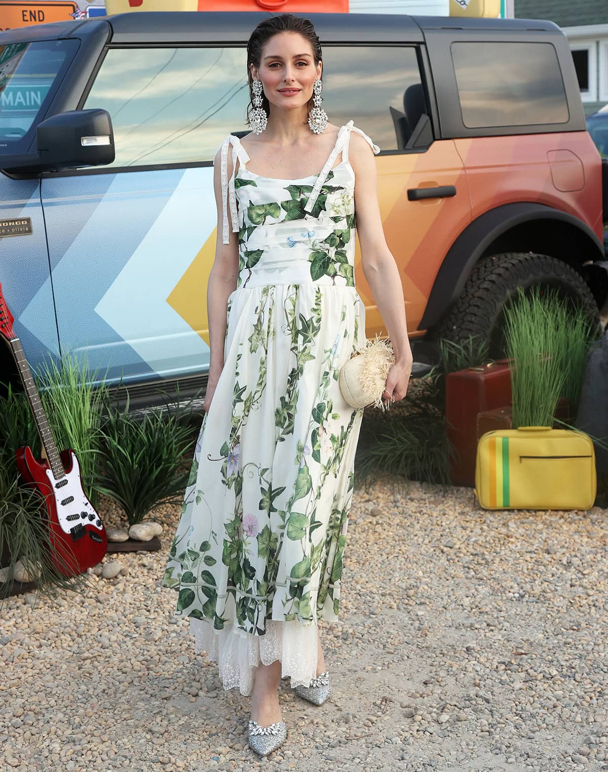 Olivia Palermo kicks off the new season in a chic summer dress and glittery mules at the Alice + Olivia x Bronco “Can’t Be Tamed” event in Montauk