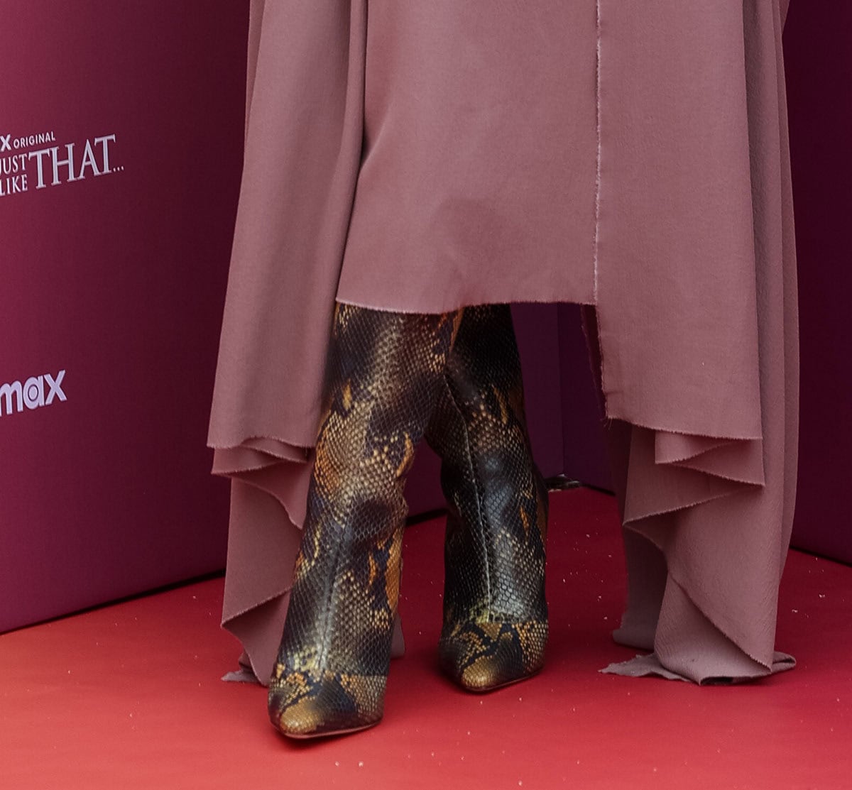 Sarah Jessica Parker teams her mauve dress with python boots from Jimmy Choo's Archive: 1997-2001 capsule collection