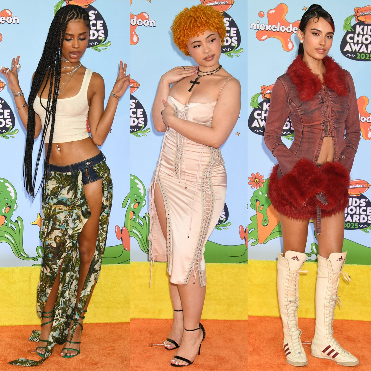 Tyla, Ice Spice, and Kylie Cantrall showcase bold, distinctive footwear and fashion statements on the orange carpet at the 2025 Nickelodeon Kids' Choice Awards, held at Barker Hangar on June 21