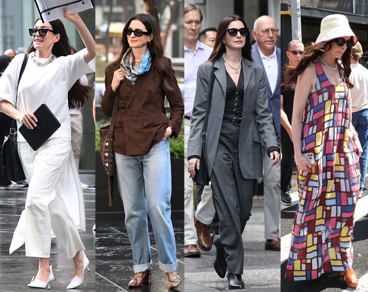 Anne Hathaway serves high fashion while filming on the set of The Devil Wears Prada 2 in New York City