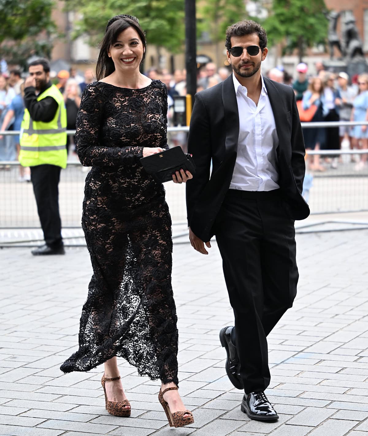 Daisy Lowe commands attention in a black floral lace dress by Alessandra Rich and leopard-print peep-toe platform shoes