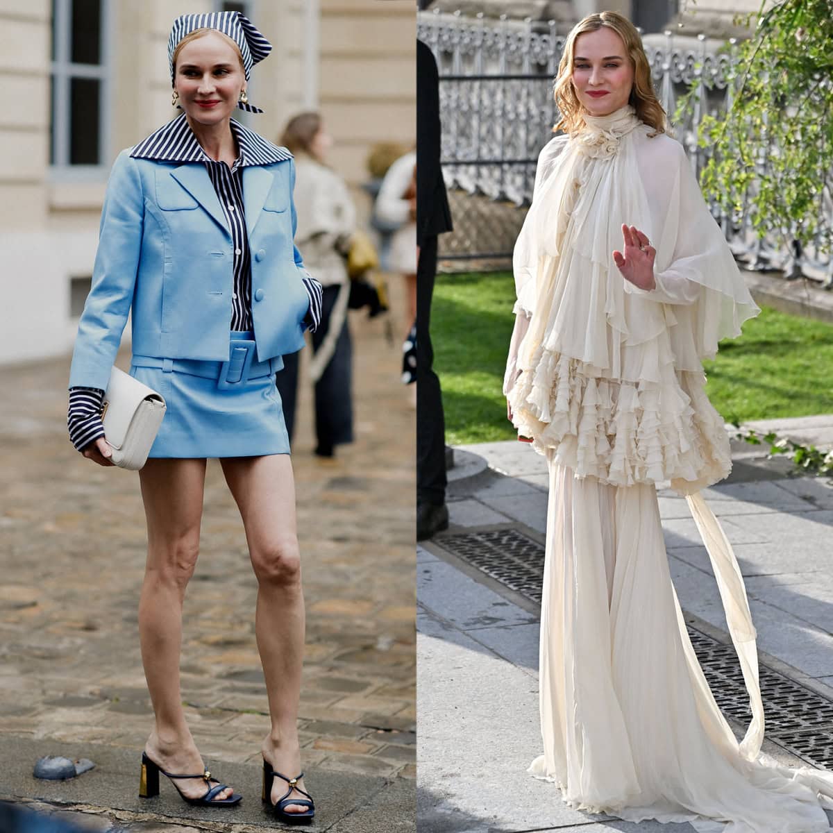 Diane Kruger channels a retro Parisian look in a blue ensemble at the Patou Spring/Summer 2026 show during Paris Fashion Week and embraces ethereal bohemian elegance in a cream chiffon Alberta Ferretti gown at the 2025 Bal d’Été