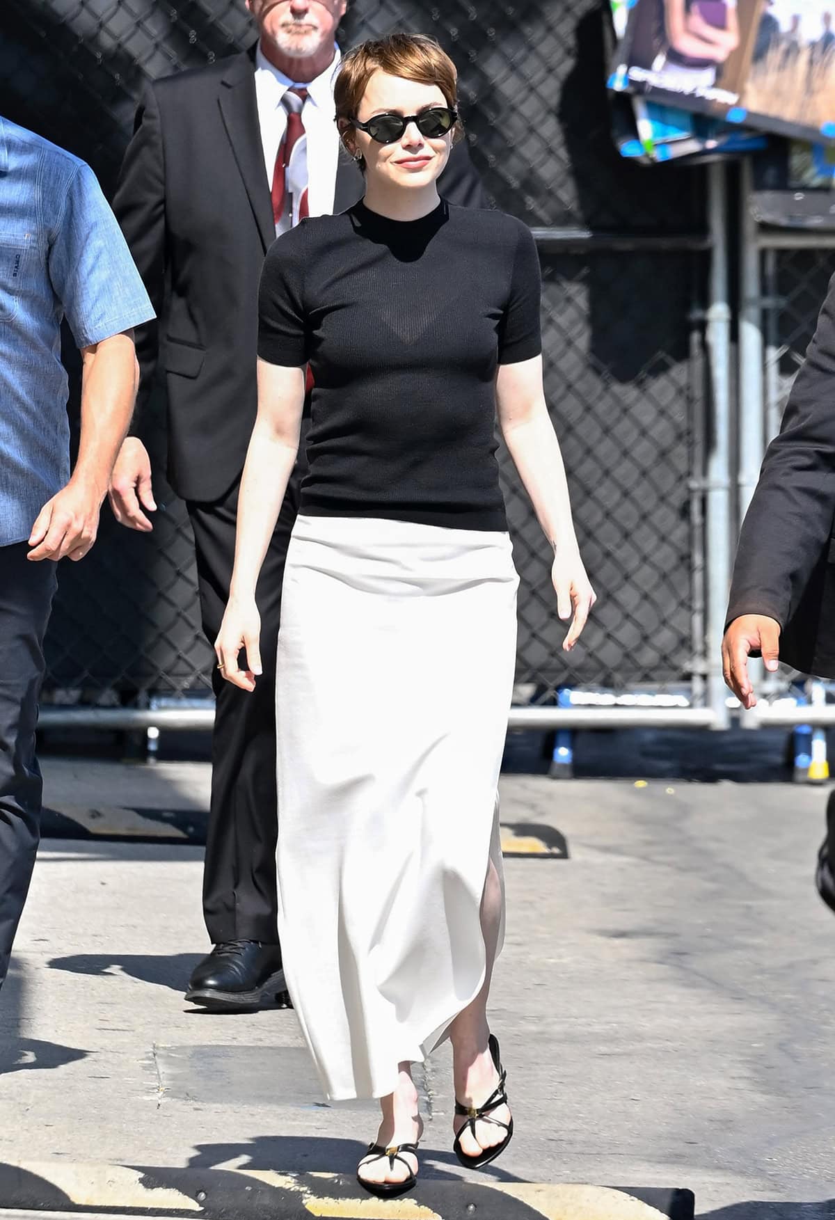 Emma Stone wows in a laid-back monochromatic summer ensemble outside the Jimmy Kimmel Live! studios ahead of her appearance on the show to discuss her upcoming movie, Eddington