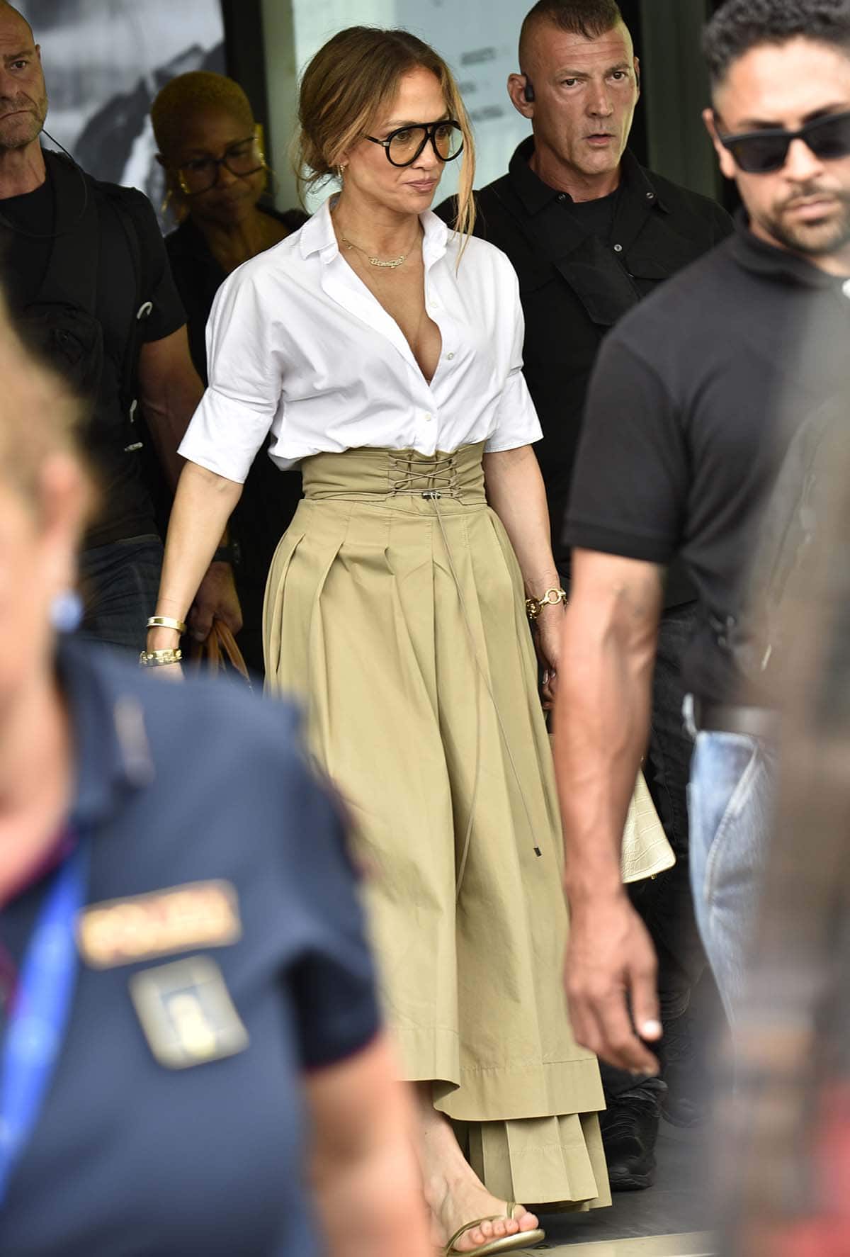 Jennifer Lopez showcases a chic summer look as she arrives at Pisa airport from Budapest, ahead of her concert in Lucca, Italy