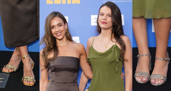 Honor Warren Towers Over Mom Jessica Alba in Crystal-Embellished Metallic Heels at the Evita Opening Night